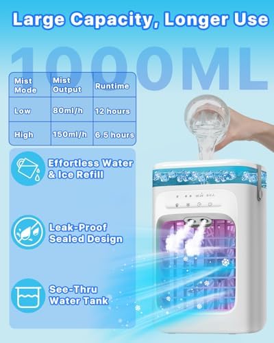 Portable Air Conditioner, Evaporative Mini Portable AC Unit with 3 Speeds & 2 Mist, 120° Oscillating, 7 Color Lights 2-4H Timer, Small Cooling Fan for Bedroom, Office, Home, Camping — view 4