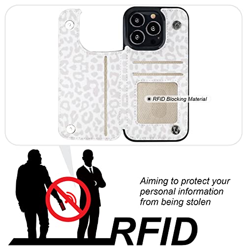 Image of HAOPINSH for iPhone 13 Pro Case Wallet with Card Holder, White Leopard Cheetah Pattern Back Flip Folio PU Leather Kickstand Card Slots Case for Women Girls, Double Magnetic Shockproof Cover 6.1 inch