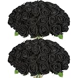 50 PCS Fake Black Roses, Artificial Flowers Bulk Halloween Decorations Realistic Silk Faux Black Roses with Stems for Gothic Wedding Party Decor, Bridal Bouquets DIY Floral Arrangement Home Decor