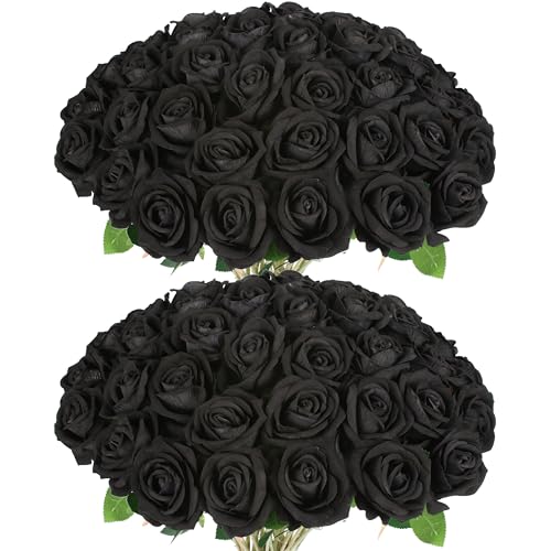 50 PCS Fake Black Roses, Artificial Flowers Bulk, Realistic Silk Faux Roses