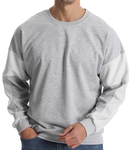Suwangi Men's Crewneck Sweatshirts Patchwork Athletic Workout Sweat Shirt Casual Loose fit Long Sleeve Pullover Tops for Men Light Gray
