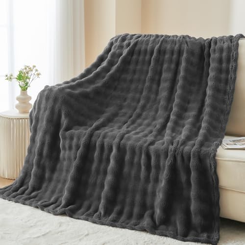NEWCOSPLAY 3D Bubble Flannel Throw Blanket for Couch Dark Grey, 50"×60"