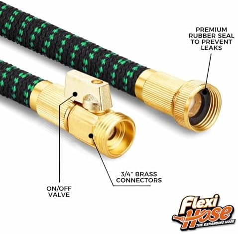 Flexi Hose with 8 Function Nozzle, 50FT - Lightweight Expandable Garden Hose, No-Kink Flexibility, 3/4 Inch Solid Brass Fittings and Double Latex Core - Black and Green - 5
