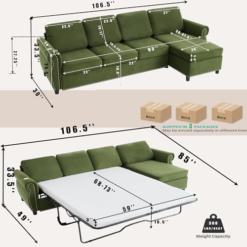 Image of ERYE L-Shaped Reversible Sectional Sofa with Pull Out Queen Memory Mattress Sleeper Bed, 2-in-1 L-Shaped Corner Sectional Couches W /Wireless Charging, Storage Chaise Lounge