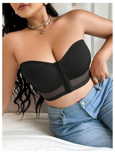 Image of MakeMeChic Women's Plus Size Strapless Bras Front Closure Half Push Up Bra Bandeau Wireless Bralette for Large Bust