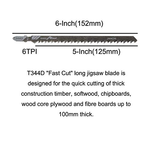 20Pack T344D Long Jigsaw Blades Set, HCS 6-Inch 6TPI T-Shank Contractor Straight-Cut Jig Saw Blade Designed for Quick Cutting Thick Construction Timber, Softwood, Chipboards, Wood Core Plywood