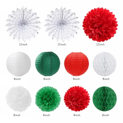 Image of Red White Green Mexican Christmas Birthday Party-Decorations - 21pcs Happy Banner,Paper Lanterns Honeycomb,Tissue Pom Poms Flower Fan,Italian Kids Classroom Hanging Streamers Garland Decor Huglony