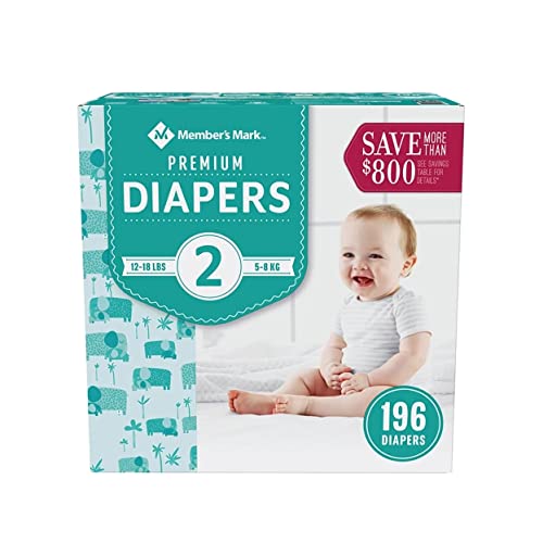 Image of Members Mark Premium Baby Diapers, Size 2 (12-18 Pounds), 196 Count