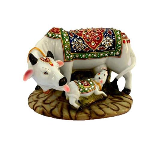 Marble Cow Idol Cow Calf Idol Home Cow Calf Big Statue | Cow Statue Decorative showpiece for Home – 4 Inch (Multicolor),