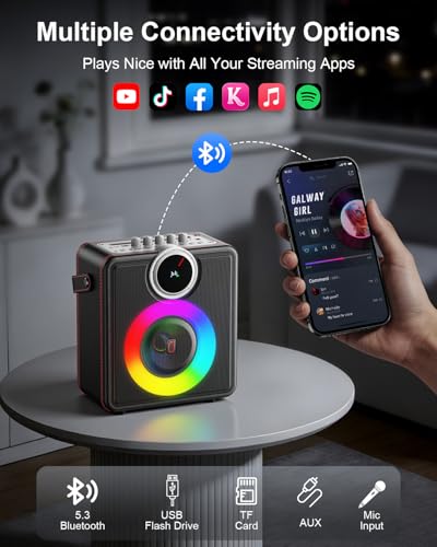 JYX Karaoke Machine for Adults, 200W Retro Leather Portable Bluetooth Speaker with 2 Rechargeable Wireless Microphones, PA System with LED Display & Light, Supports TWS/TF/USB/AUX/Live for Home Party