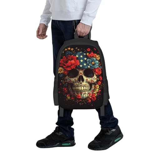 Image of Floral Skull Print Backpack For Men Women Lightweight Daypack For Daily Commutes Business Travel Hiking