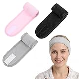 Larrel 3 Stück Kosmetik Haarband Damen, Polyester Haarband Verstellbare Haarschutzband mit Klettverschluss HaarbandSchminken Spa Stirnband für Sport Duschen Yoga Dusche, Schwarz, Rosa, Grau