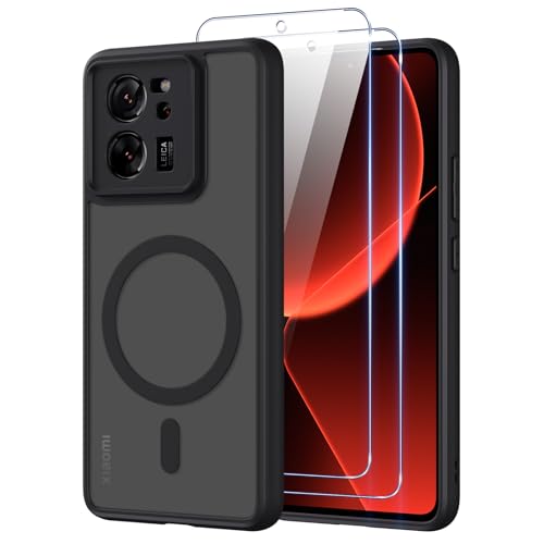 Pnakqil Magnetisch für Xiaomi 13T Pro/13T 5G Hülle für Magsafe Matt Transluzente Handyhülle für Xiaomi 13T Pro/13T 5G mit 2 Panzer Schutz Glas PC Härte Kratzfest Matte Dünn Magnetische Case Schwarz