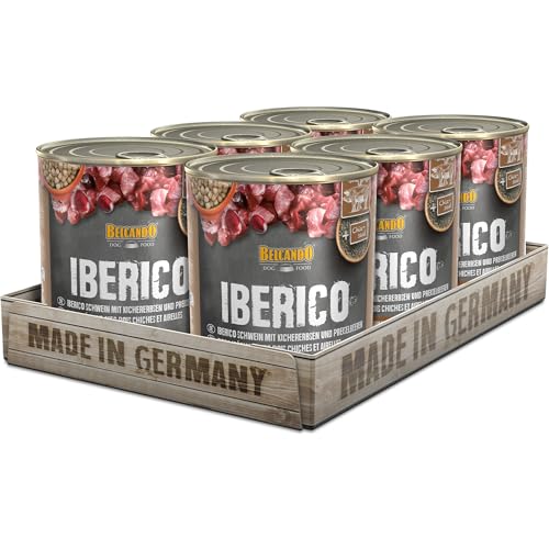BELCANDO Super Premium Dose [6x800g Iberico mit Kichererbsen & Preiselbeeren] | Nassfutter für Hunde | Feuchtfutter Dose | Alleinfutter für Hunde Aller Rassen