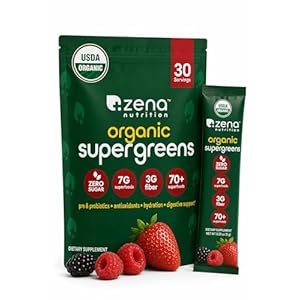 Zena Nutrition Organic Super Greens Powder, 70+ Superfoods, 0 Sugar, 3g Fiber, Spirulina, Chlorella, Mushrooms, Prebiotics/Probiotics, Digestive Enzymes, Gut Health, Mixed Berry, 30 Drink Mix Packets