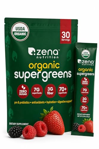 Zena Nutrition Organic Super Greens Powder, 70+ Superfoods, 0 Sugar, 3g Fiber, Spirulina, Chlorella...