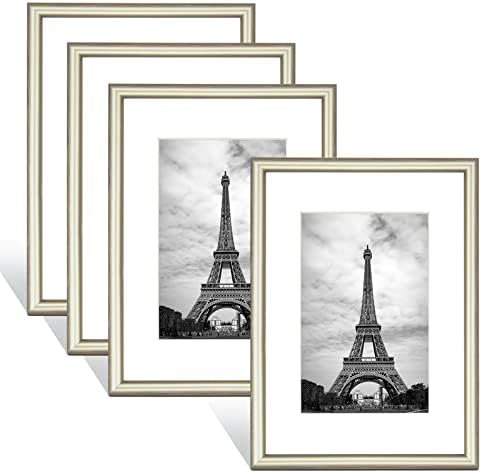 8x10 Picture Frame Gold Brushed Thin Modern Metal Set of 4 - Aluminum Floating Frames Fits 5x7 Photo with Mat or 8 X 10 Photos without Mats, Picture Frames Collage for Wall or Tabletop, Champagne Gold