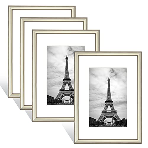 8X10 Picture Frame Gold Brushed Thin Modern Metal Set Of 4 - Aluminum Floating Frames Fits 5X7 Photo With Mat Or 8 X 10 Photos Without Mats, Picture Frames Collage For Wall Or Tabletop, Champagne Gold #TOP21