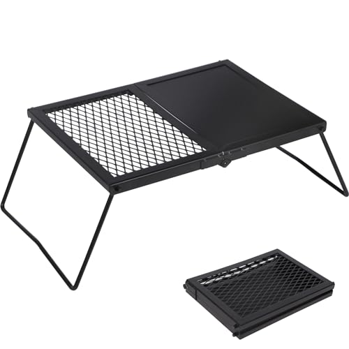 Lineslife 17'' Folding Campfire Grill Grate and Griddle, Portable Heavy Duty Steel Fire Pit Cooking Grill Grate, Camp Fire Cooking Equipment for Outdoor BBQ Picnic, Black