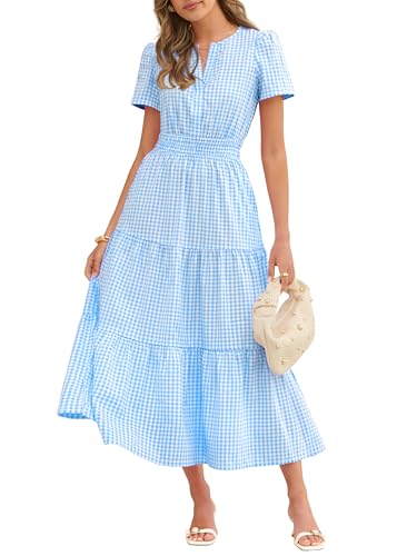 Caracilia Womens Summer Short Sleeve V-Neck Maxi Dress, Gingham & Striped Fabric, Casual A-Line Dress for Beach & Vacation Light Blue Gingham Large