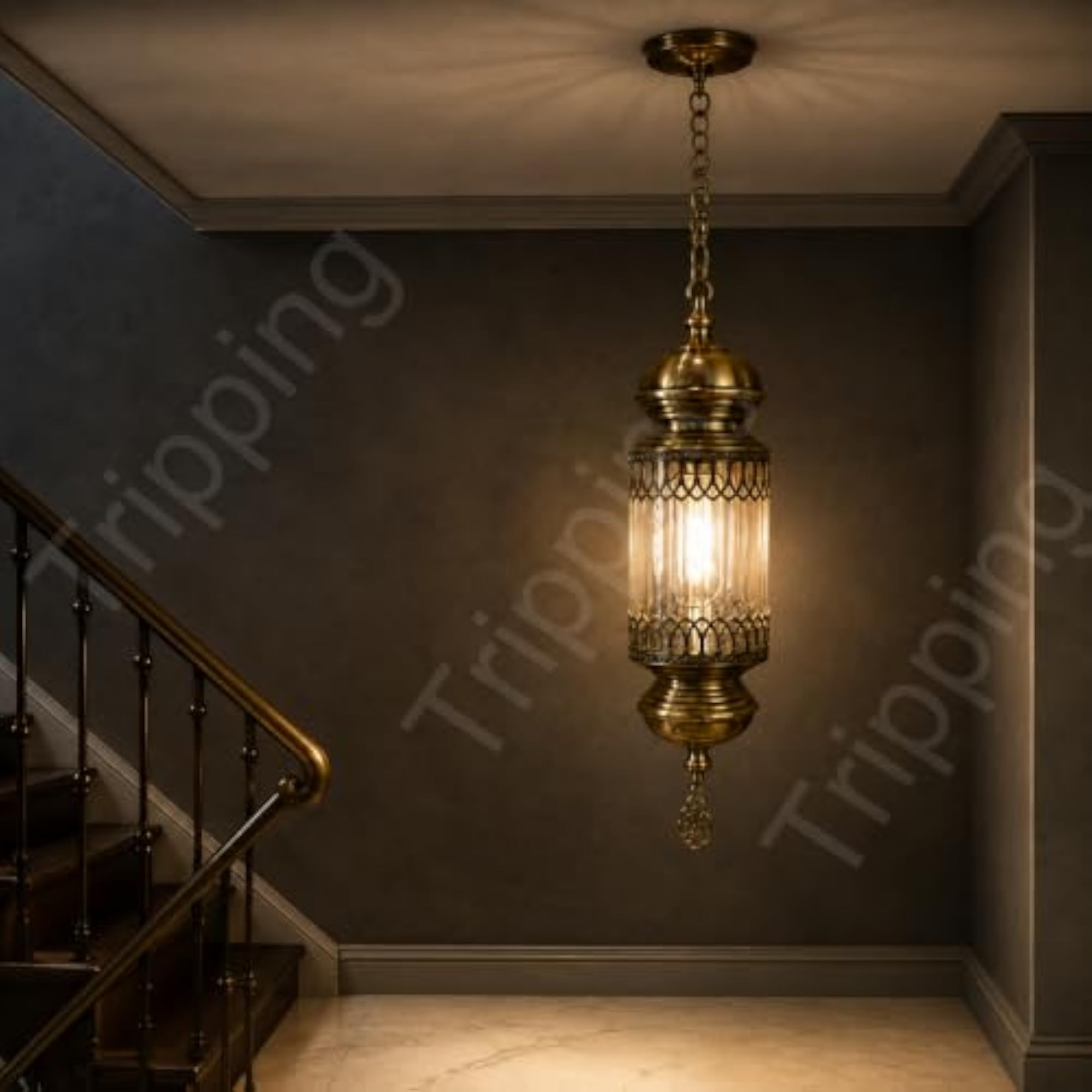 Antique Brass Hanging Ceiling Lamp with Fluted Clear Glass