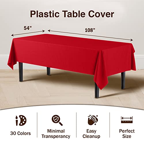 Party Solids Pack Of 6 Premium Plastic Tablecloth 54 Inch x 108 Inch Rectangle Plastic Table Cover - Red - Image 3