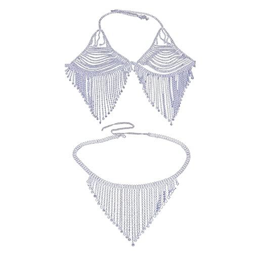 Cusmyre Women Sexy Rhinestone Tassel Bra Panties Sets Statement Crystal Bikini Underwear Thong Body Chain Jewelry Top Bra Brief Sequin Crop Top For Nightclub Party (Silver) #TOP26