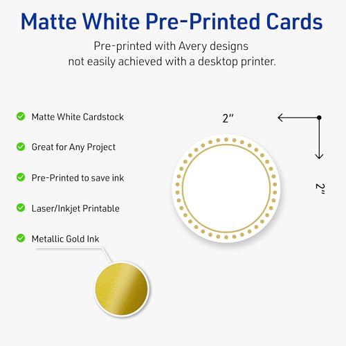 Avery Printable Round Cards, Sure Feed Technology, 2" Diameter, Matte White with Gold Border Gold Dots Design, Laser & Inkjet Compatible, 120 Total, Great for Branding, Weddings, and More by Avery - Image 2