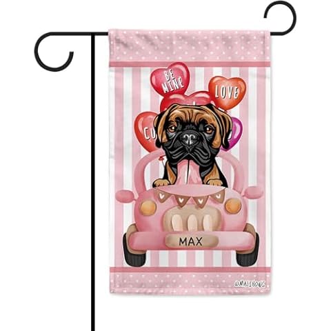 MALIHONG Personalized Cute Boxer Dog Garden Flag Valentine's Day Pink Car Love Heart Polka Dot Small Flag Outdoor Yard Decoration 12.5x18 Inch Double Sided Gift for Dog Lovers Cover