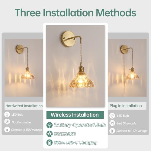 Image of Shenmoyl Battery Operated Wall Sconce Wall Lamp with Amber Lily of the Valley Shade Pattern Glass Adjustable Chain Retro Gold Wall Mounted Light, Modern Wall Lamp Fixtures Decor for Bedside Bedroom