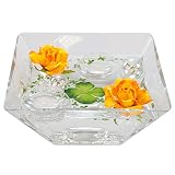 Eckige Glas-Schale Teelicht H.7,5cm Länge x Breite 20cm. Flache Dekoschale eckig mit Dekorations Set Rose orange/gelb Dekoglas Glasgefäß mit ausgefallener Deko für Ihre Deko Ideen.