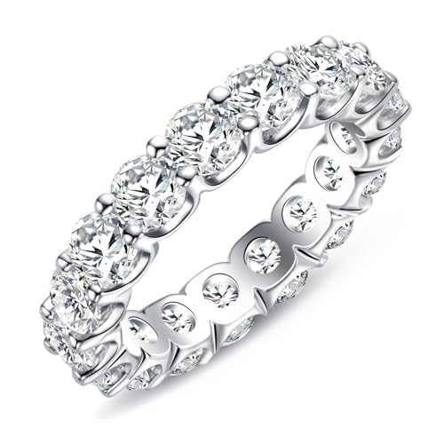 Moissanite Eternity Ring, White Gold Plated Sterling Silver Wedding Band, 5cttw 4mm D Color VVS1 Round Cut Moissanite Eternity Band for Women