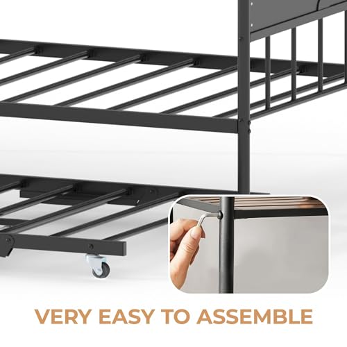 Image of Garvee Twin Daybed with Trundle, Twin Bed Frame with Stylish Headboard, Heavy Duty Steel Slats Platform for Living Room, Bedroom, Black