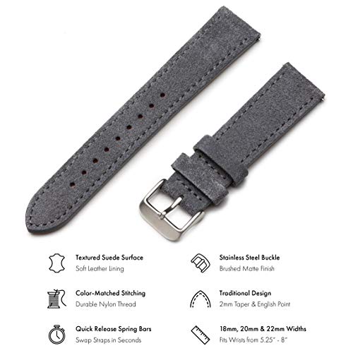 Benchmark Suede 22mm Leather Watch Band – 22mm Quick Release Watch Band with Stainless-Steel Buckle & 9 Adjustable Holes – Grey Leather Watch Bands for Men & Women (22mm, Grey) by Benchmark Basics - Used condition - Image 2