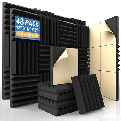 AUSLET 48 Pack Self-Adhesive Acoustic Foam Panels, 12 x 12 x 2 Inches High Density Wedge Sound Proof Foam Panels for Walls, Fire Resistant Soundproof Wall Panels for Home Office & Studio (Black)