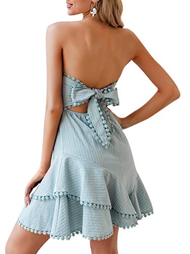 BerryGo Women s Strapless Ruffle A-line Dress Striped Tie Back Dress Blue-L