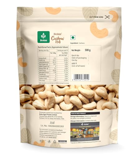 Image of Bolas Whole Cashew Nuts 500g | Kaju Grade W320 | Nutritious & Delicious | Rich in Protein, Magnesium & Phosphorus | Gluten Free | Nuts & Dry Fruits