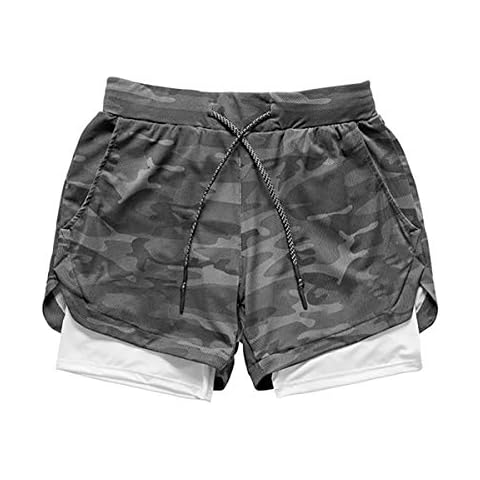 TOSKIP Men's Workout Running 2 in 1 Shorts Quick Dry Training Gym Short Grey Camo M Cover