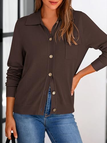 PRETTYGARDEN Long Sleeve Collar Knitted Button Down Shirts for Women Plus Size Tops Womens Cardigan Sweaters with Pockets (Brown, Large) — view 3