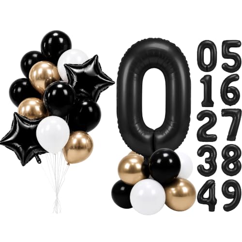 Image of PartyWoo Black Number 0 Balloon 40 Inch 25pcs Black Foil Star White Gold