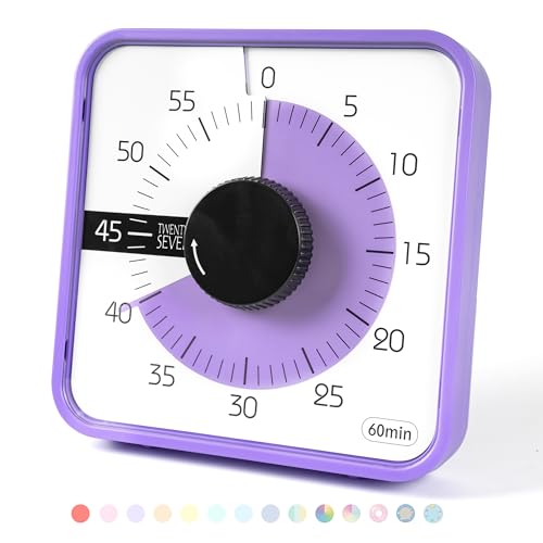 TWENTY5 SEVEN Countdown Timer 7.5 inch; 60 Minute 1 Hour Visual Timer – Classroom Teaching Tool Office Meeting, Mechanical Countdown Clock for Kids Exam Time Management Magnetic, Purple