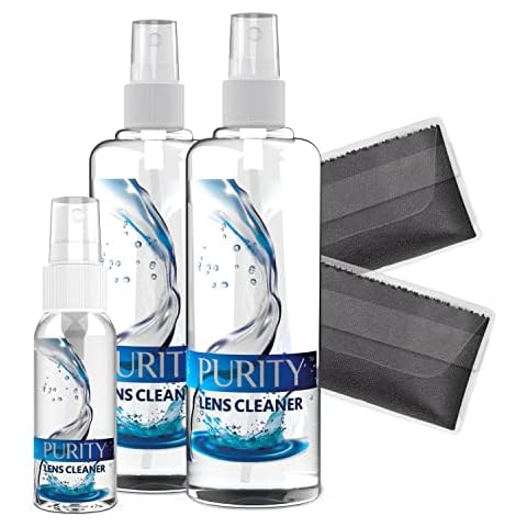 Purity Eyeglass Lens Cleaner Kit - 2 x 8oz and 1 x 2oz Lens Cleaner Spray Bottle + 2 Microfiber Cleaning Cloths - Safe for All Lenses (AR Coated Included), Eyeglasses and Screens - Clear Cover