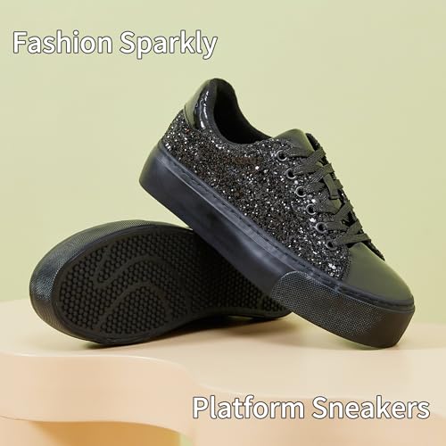 AISFAES Women Glitter Platform Sneakers Sparkly Lace-Up Chunky Sneakers Fashion Low-Top Tennis Shoes Comfortable Metallic Sequin Walking Shoes(Black Glitter,US8)