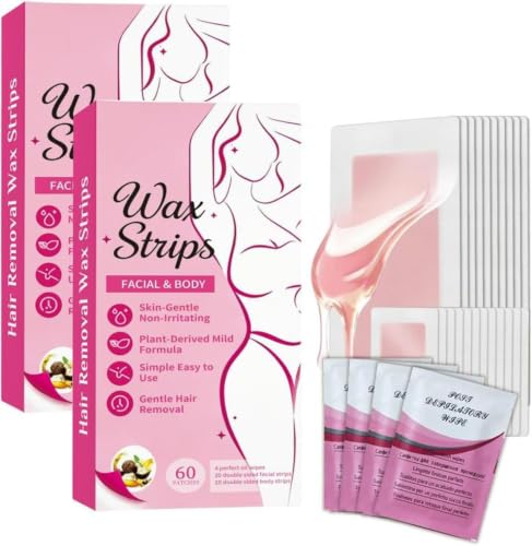 40 bandas de cera corporal y 20 faciales para mujer; kit 2 en 1 de bandas depilatorias; fórmula natural para una piel suave y depilación delicada.
