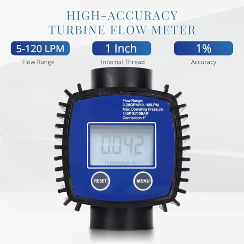 Risegun Digitaler Durchflussmesser, 1 Zoll Innengewinde Hochpräziser Wasser Durchflusssensor, Digitaler Turbine Flowmeter, für Diesel Benzin Harnstoff Wasser Öl, 5-120 Liter/Minute