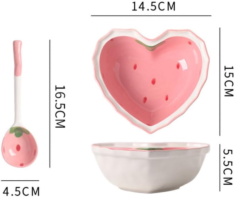 WAIT FLY Heart Shape Ceramic Dinnerware Set, Cute Strawberry Tableware Set, Dessert Plate, Salad Bowl, Appetizer Snack Mixing Bowl with Spoon - Pink Set