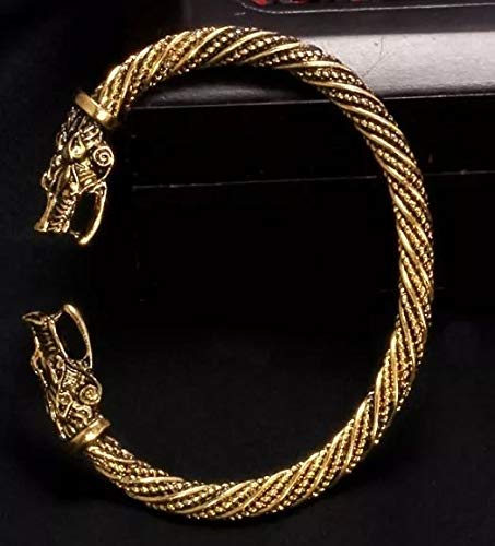 Bracelete Viking Dourado Pulseira Serpente Dragão Lobo Mitologia Nórdica + Pingente Chave - 7cm