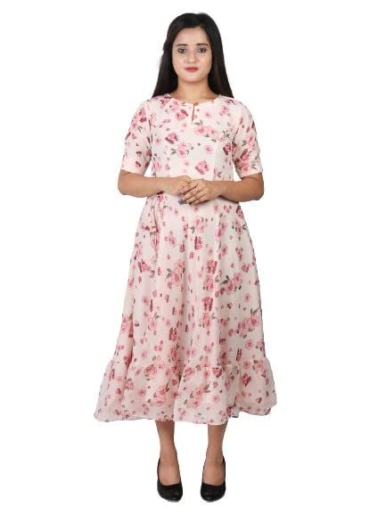 Image of Floral Print Stylish Frock Round Neck Pattern