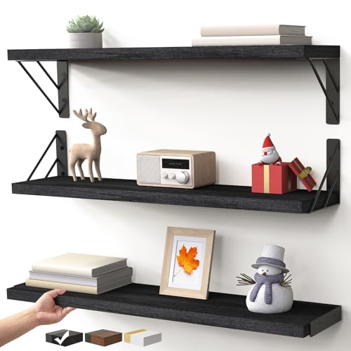 BAYKA Wall Mounted Floating Shelves, Wood Floating Wall Shelf for Books & Decor, Small Space-Saving Display & Organizer（Black，23in，Set of 3）