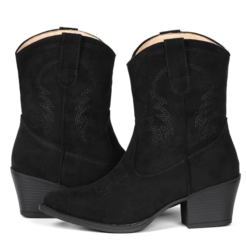Image of IXU Cowboy Boots for Women Ankle Cowgirl Booties Wide Mid Calf Pointed Toe Western Boots Short Chunky Classic Booties